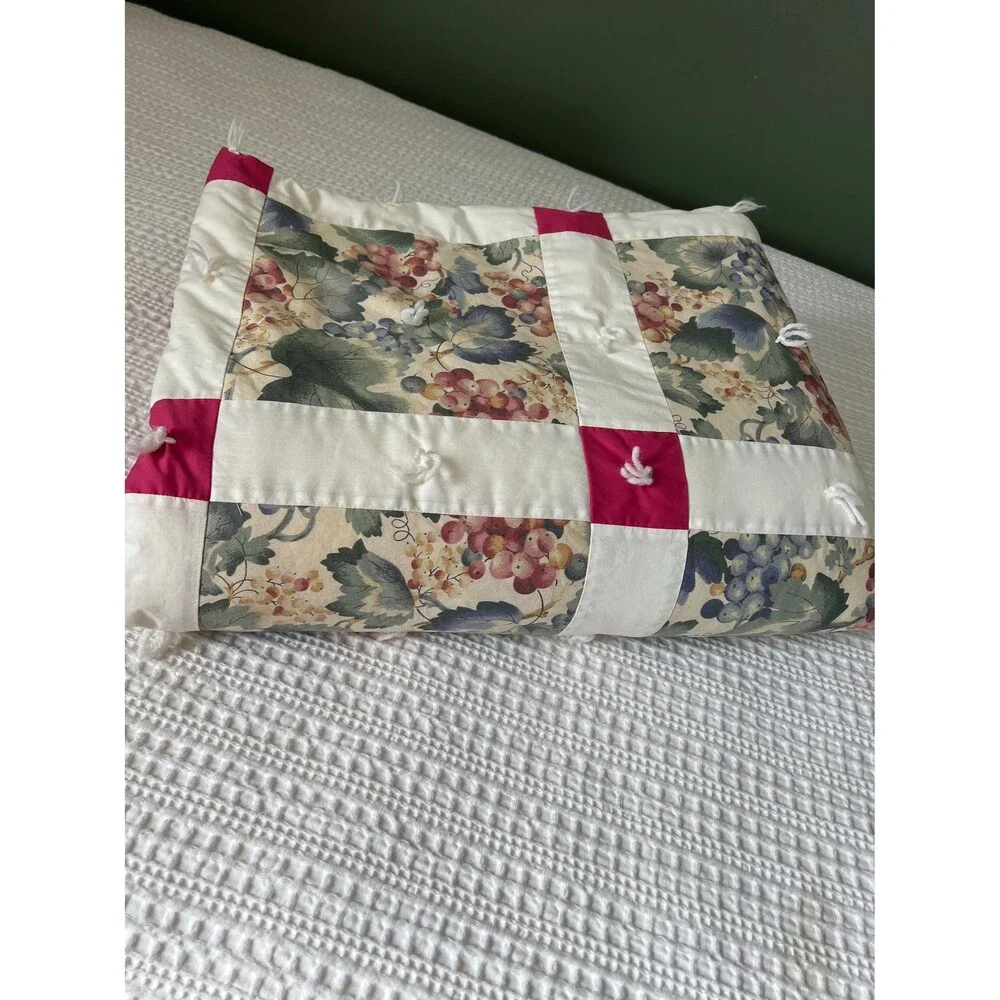 Hand Tied Nine Patch Quilt: Leaf & Grapevine Pattern, Fleece Back